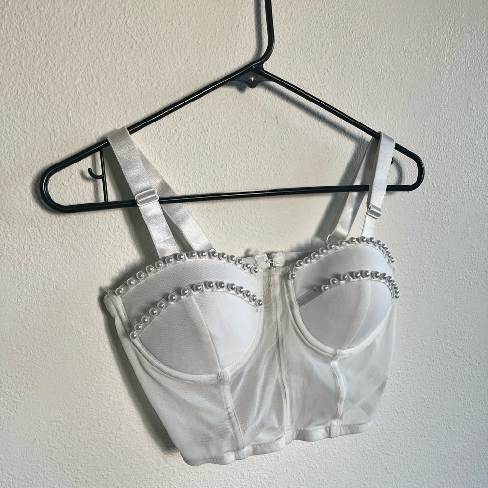 Say What? White Pearl Beaded Mesh Corset Women’s Size Small Satin Thick Straps